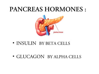 PANCREAS HORMONES :
• INSULIN BY BETA CELLS
• GLUCAGON BY ALPHA CELLS
 