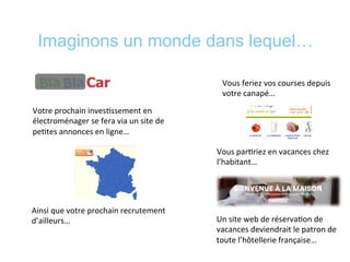 Imaginons un monde dans lequel…
Votre	
  prochain	
  inves*ssement	
  en	
  
électroménager	
  se	
  fera	
  via	
  un	
  site	
  de	
  
pe*tes	
  annonces	
  en	
  ligne…	
  
Ainsi	
  que	
  votre	
  prochain	
  recrutement	
  
d’ailleurs…	
  
Vous	
  feriez	
  vos	
  courses	
  depuis	
  
votre	
  canapé…	
  
Vous	
  par*riez	
  en	
  vacances	
  chez	
  
l’habitant…	
  
Un	
  site	
  web	
  de	
  réserva*on	
  de	
  
vacances	
  deviendrait	
  le	
  patron	
  de	
  
toute	
  l’hôtellerie	
  française…	
  
 