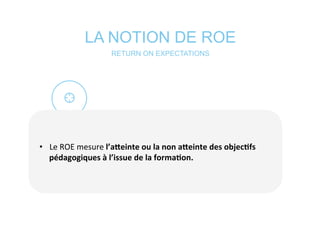 LA NOTION DE ROE
RETURN ON EXPECTATIONS
•  Le	
  ROE	
  mesure	
  l’aNeinte	
  ou	
  la	
  non	
  aNeinte	
  des	
  objec@fs	
  
pédagogiques	
  à	
  l’issue	
  de	
  la	
  forma@on.	
  
 