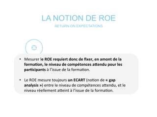 LA NOTION DE ROE
RETURN ON EXPECTATIONS
	
  
•  Mesurer	
  le	
  ROE	
  requiert	
  donc	
  de	
  ﬁxer,	
  en	
  amont	
  de	
  la	
  
forma@on,	
  le	
  niveau	
  de	
  compétences	
  aNendu	
  pour	
  les	
  
par@cipants	
  à	
  l’issue	
  de	
  la	
  forma*on.	
  	
  
•  Le	
  ROE	
  mesure	
  toujours	
  un	
  ECART	
  (no*on	
  de	
  «	
  gap	
  
analysis	
  »)	
  entre	
  le	
  niveau	
  de	
  compétences	
  aeendu,	
  et	
  le	
  
niveau	
  réellement	
  aeeint	
  à	
  l’issue	
  de	
  la	
  forma*on.	
  	
  
	
  
 