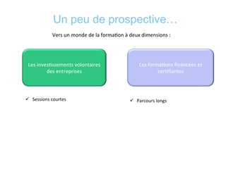 Un peu de prospective…
	
  
Vers	
  un	
  monde	
  de	
  la	
  forma*on	
  à	
  deux	
  dimensions	
  :	
  	
  
Les	
  inves*ssements	
  volontaires	
  
des	
  entreprises	
  
Les	
  forma*ons	
  ﬁnancées	
  et	
  
cer*ﬁantes	
  
ü  Sessions	
  courtes	
  
	
  
ü  Parcours	
  longs	
  
 