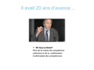 Il avait 20 ans d’avance…
ü  Mr	
  Guy	
  Le	
  Boterf	
  
Père	
  de	
  la	
  no*on	
  de	
  compétence	
  
collec*ve	
  et	
  de	
  la	
  	
  mobilisa*on	
  
mul*modale	
  des	
  compétences	
  
 