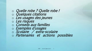 o Quelle robe ? Quelle robe !
o Quelques citations
o Les usages des jeunes
o Les risques
o Conseils aux familles
o Exemples d’usages
o Scolaire / extra-scolaire
o Partenaires et actions possibles
CRDP vincent.ruy@ac-lyon.fr 3 3
 