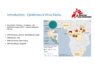 Introduction : Epidémies à Virus Ebola.Introduction : Epidémies à Virus Ebola.Introduction : Epidémies à Virus Ebola.Introduction : Epidémies à Virus Ebola.
• Virus Ebola : Filovirus - 5 espèces – 20
épidémies jusque 2014 – + grosse épidémie
425 cas.
• 1976 Yambuku, Zaïre et Nzara/Maridi, Sudan
• 1989 Reston, USA
• 1994 Taï Forest, Côte d’Ivoire
• 2007 Bundibuyo, Ouganda
 