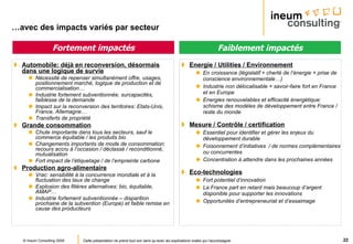 … avec des impacts variés par secteur Automobile: déjà en reconversion, désormais dans une logique de survie Nécessité de repenser simultanément offre, usages, positionnement marché, logique de production et de commercialisation… Industrie fortement subventionnée, surcapacités, faiblesse de la demande Impact sur la reconversion des territoires: Etats-Unis, France, Allemagne… Transferts de propriété Grande consommation Chute importante dans tous les secteurs, sauf le commerce équitable / les produits bio Changements importants de mode de consommation: recours accru à l’occasion / déclassé / reconditionné, mutualisation Fort impact de l’étiquetage / de l’empreinte carbone Production agro-alimentaire Vrac: sensibilité à la concurrence mondiale et à la fluctuation des taux de change Explosion des filières alternatives: bio, équitable, AMAP… Industrie fortement subventionnée – disparition prochaine de la subvention (Europe) et faible remise en cause des producteurs Energie / Utilities / Environnement En croissance (législatif + cherté de l’énergie + prise de conscience environnementale…) Industrie non délocalisable + savoir-faire fort en France et en Europe Energies renouvelables et efficacité énergétique: schisme des modèles de développement entre France / reste du monde Mesure / Contrôle / certification Essentiel pour identifier et gérer les enjeux du développement durable Foisonnement d’initiatives  / de normes complémentaires ou concurrentes Concentration à attendre dans les prochaines années Eco-technologies Fort potentiel d’innovation La France part en retard mais beaucoup d’argent disponible pour supporter les innovations Opportunités d’entrepreneuriat et d’essaimage Fortement impactés Faiblement impactés 