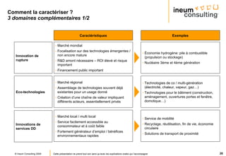 Comment la caractériser ? 3 domaines complémentaires 1/2 Innovation de rupture Caractéristiques Eco-technologies Innovations de services DD Exemples Marché mondial Focalisation sur des technologies émergentes / non encore mature R&D amont nécessaire – ROI élevé et risque important Financement public important Marché régional Assemblage de technologies souvent déjà existantes pour un usage donné Création d’une chaîne de valeur impliquant différents acteurs, essentiellement privés Marché local / multi local Service facilement accessible au consommateur et à coût faible Fortement générateur d’emploi / bénéfices environnementaux rapides Économie hydrogène: pile à combustible (propulsion ou stockage) Nucléaire 3ème et 4ème génération Technologies de co / multi-génération (électricité, chaleur, vapeur, gaz…) Technologies pour le bâtiment (construction, aménagement, ouvertures portes et fenêtre, domotique…) Service de mobilité Recyclage, réutilisation, fin de vie, économie circulaire Solutions de transport de proximité 