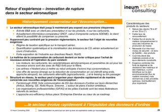 Retour d’expérience –  innovation de rupture dans le secteur aéronautique   Le secteur aéronautique était jusqu’à maintenant peu exposé aux pressions citoyennes: Activité B&B avec un client peu prescripteur ni sur les produits, ni sur les carburants, Actuellement informé(éco-comparateur SNCF, calcul d’empreinte carbone ADEME), le client attend la possibilité de compenser ou prescrire. Auparavant peu contraint par la pression réglementaire, le secteur fait l’objet de nouvelles exigences: Régime de taxation spécifique sur le transport aérien, Quantification systématique et la monétisation des émissions de CO ²  aérien actuellement en cours d’instruction, Forte exposition de l’industrie aux directives Reach, RoHS. La maîtrise de la consommation de carburant devient un levier critique pour l’achat de nouveaux avions et l’opération du parc existant:  Les moteurs, les carburants, les caractéristiques aérodynamiques et paramètres de vol pour les nouveaux avions sont des axes de R&D forts pour la filière, Les airlines n’hésitent plus à mettre au rebut anticipée d’avions trop consommateurs, Une offre de service émerge sur la réduction de consommation en vol (rétrofit wing ends, approche aéroport), les carburants alternatifs (agrocarburants…) et le leasing au km.passager. Structuré en réseau, le secteur peut s’organiser pour répondre rapidement et de manière concernée aux nouvelles exigences de l’écoconception :  Farnborough 2008: forte communication de DG des donneurs d’ordres sur leurs démarches (Airbus, Boeing, GE, Rolls-Royce, Snecma…) autour de plans d’action ambitieux, Les organisations professionnelles (GIFAS) et les pôles d’activité sont les relais fédérateurs naturels du secteur, L’approche eco-efficiency Airbus place l’Entreprise Etendue au cœur de sa roadmap. Caractéristiques des produits du secteurs: Nature des clients ("B to B" et non "B to C") Faible taux de renouvellement Faibles flux et stocks de matière comparativement à ceux des industries de production de masse Nécessité d'un très haut niveau de sécurité – et donc de fiabilité – des produits Coût très élevé des matériels produits et de leurs éléments constitutifs Exigence combinée très forte de légèreté et de résistance des matériaux et des matériaux, a priori bénéfique sur le plan environnemental (flux de matière moindres) mais donnant lieu à des procédés spéciaux, éventuellement plus impactants Historiquement conservateur sur l’écoconception… … le secteur évolue rapidement à l’impulsion des donneurs d’ordres 