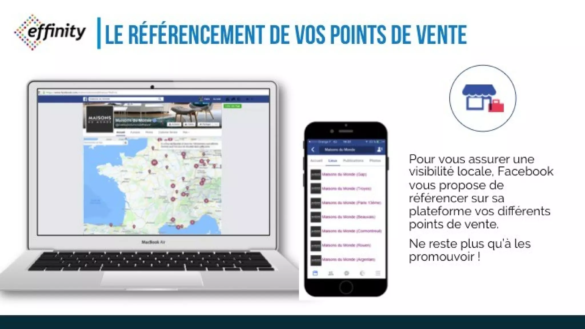 LE RÉFÉRENCEMENT DE VOS
POINTS DE VENTE
Pour vous assurer une
visibilité locale, Facebook
vous propose de
référencer sur sa
plateforme vos différents
points de vente.
Ne reste plus qu’à les
promouvoir !
 