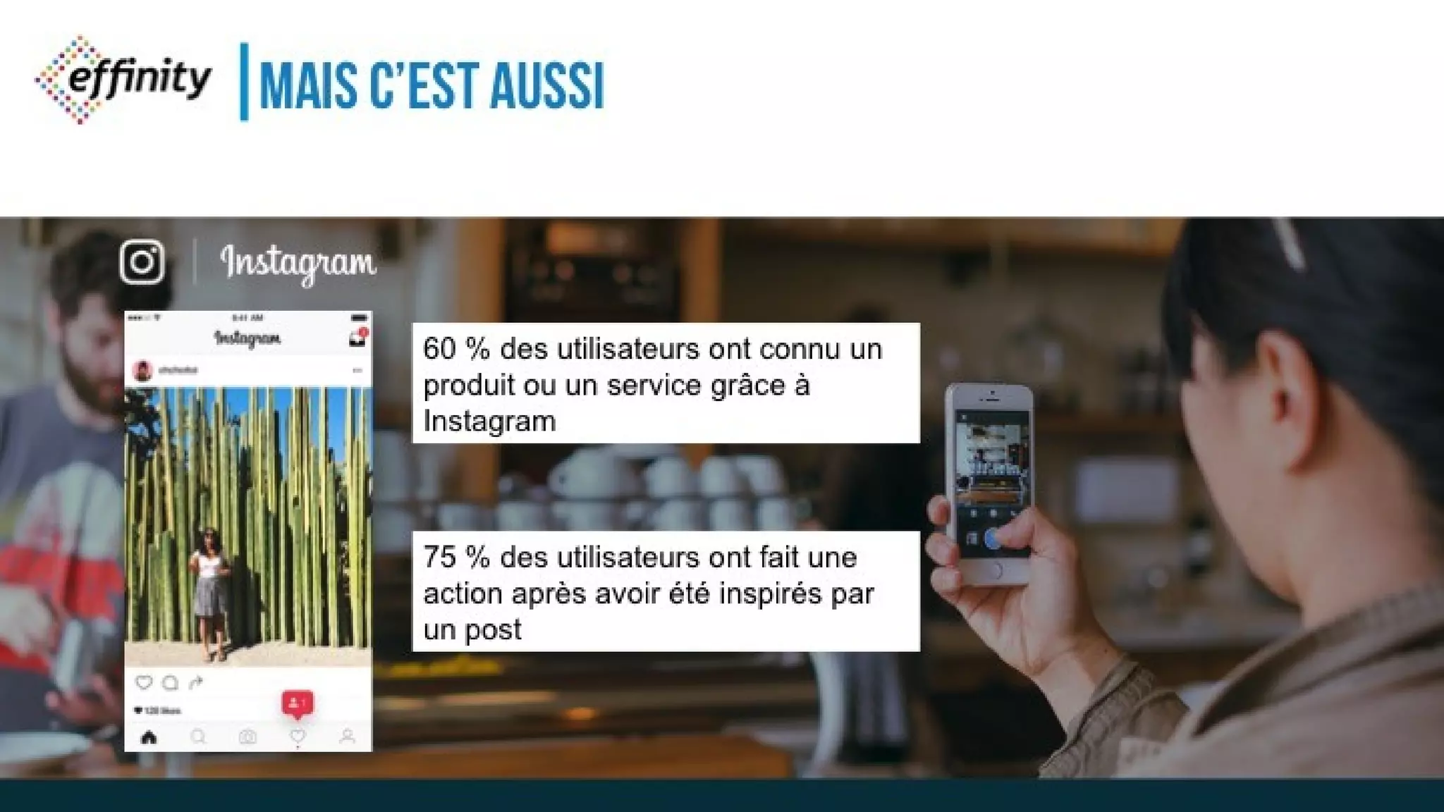 MAIS C’EST AUSSI
60 % des utilisateurs ont connu un
produit ou un service grâce à
Instagram
75 % des utilisateurs ont fait une
action après avoir été inspirés par
un post
 