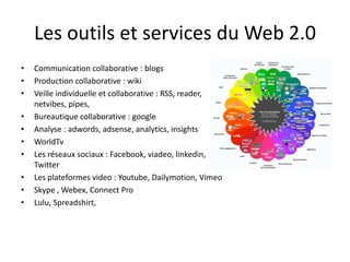 Les outils et services du Web 2.0
•   Communication collaborative : blogs
•   Production collaborative : wiki
•   Veille individuelle et collaborative : RSS, reader,
    netvibes, pipes,
•   Bureautique collaborative : google
•   Analyse : adwords, adsense, analytics, insights
•   WorldTv
•   Les réseaux sociaux : Facebook, viadeo, linkedin,
    Twitter
•   Les plateformes video : Youtube, Dailymotion, Vimeo
•   Skype , Webex, Connect Pro
•   Lulu, Spreadshirt,
 