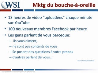 Mktg du bouche-à-oreille

• 13 heures de video “uploadées” chaque minute
  sur YouTube
• 100 nouveaux membres Facebook par heure
• Les gens parlent de vous parceque:
  – ils vous aiment,
  – ne sont pas contents de vous
  – Se posent des questions à votre propos
  – d’autres parlent de vous…
                                             Source Neilsen Global Trust
 