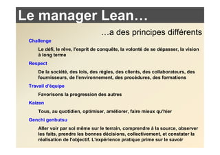 Le manager Lean…
                                  …a des principes différents
 Challenge
     Le défi, le rêve, l'esprit de conquête, la volonté de se dépasser, la vision
     à long terme
 Respect
     De la société, des lois, des règles, des clients, des collaborateurs, des
     fournisseurs, de l'environnement, des procédures, des formations
 Travail d'équipe
     Favorisons la progression des autres
 Kaizen
     Tous, au quotidien, optimiser, améliorer, faire mieux qu'hier
 Genchi genbutsu
     Aller voir par soi même sur le terrain, comprendre à la source, observer
     les faits, prendre les bonnes décisions, collectivement, et constater la
     réalisation de l'objectif. L'expérience pratique prime sur le savoir
 