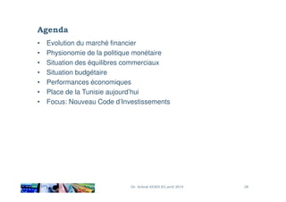 Agenda
• Evolution du marché financier
• Physionomie de la politique monétaire
• Situation des équilibres commerciaux
• Situation budgétaire
• Performances économiques
• Place de la Tunisie aujourd’hui
• Focus: Nouveau Code d’Investissements• Focus: Nouveau Code d’Investissements
Dr. Achraf AYADI (C) avril 2014 28
 