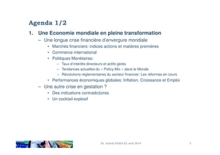 Agenda 1/2
1. Une Economie mondiale en pleine transformation
– Une longue crise financière d’envergure mondiale
• Marchés financiers: indices actions et matières premières
• Commerce international
• Politiques Monétaires:
– Taux d’intérêts directeurs et actifs gérés
– Tendances actuelles du « Policy-Mix » dans le Monde
– Révolutions réglementaires du secteur financier: Les réformes en cours
• Performances économiques globales: Inflation, Croissance et Emploi
– Une autre crise en gestation ?
• Des indications contradictoires
• Un cocktail explosif
3Dr. Achraf AYADI (C) avril 2014
 