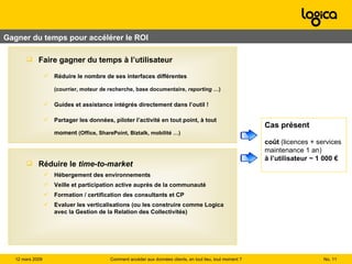 Gagner du temps pour accélérer le ROI Cas présent coût  (licences + services maintenance 1 an) à l’utilisateur ~ 1 000 € Faire gagner du temps à l’utilisateur Réduire le nombre de ses interfaces différentes (courrier, moteur de recherche, base documentaire,  reporting  …) Guides et assistance intégrés directement dans l’outil ! Partager les données, piloter l’activité en tout point, à tout moment  (Office, SharePoint, Biztalk, mobilité …) Réduire le  time-to-market Hébergement des environnements Veille et participation active auprès de la communauté Formation / certification des consultants et CP Evaluer les verticalisations (ou les construire comme Logica avec la Gestion de la Relation des Collectivités) No.  Comment accéder aux données clients, en tout lieu, tout moment ? 12 mars 2009  