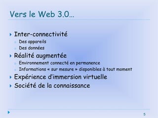 Vers le Web 3.0…
 Inter-connectivité
o Des appareils
o Des données
 Réalité augmentée
o Environnement connecté en permanence
o Informations « sur mesure » disponibles à tout moment
 Expérience d’immersion virtuelle
 Société de la connaissance
5
 