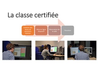 La classe certifiée
Création des
bases de
questions
examen
Mise en ligne
dispositif
Réservation de
la salle
Passation
 