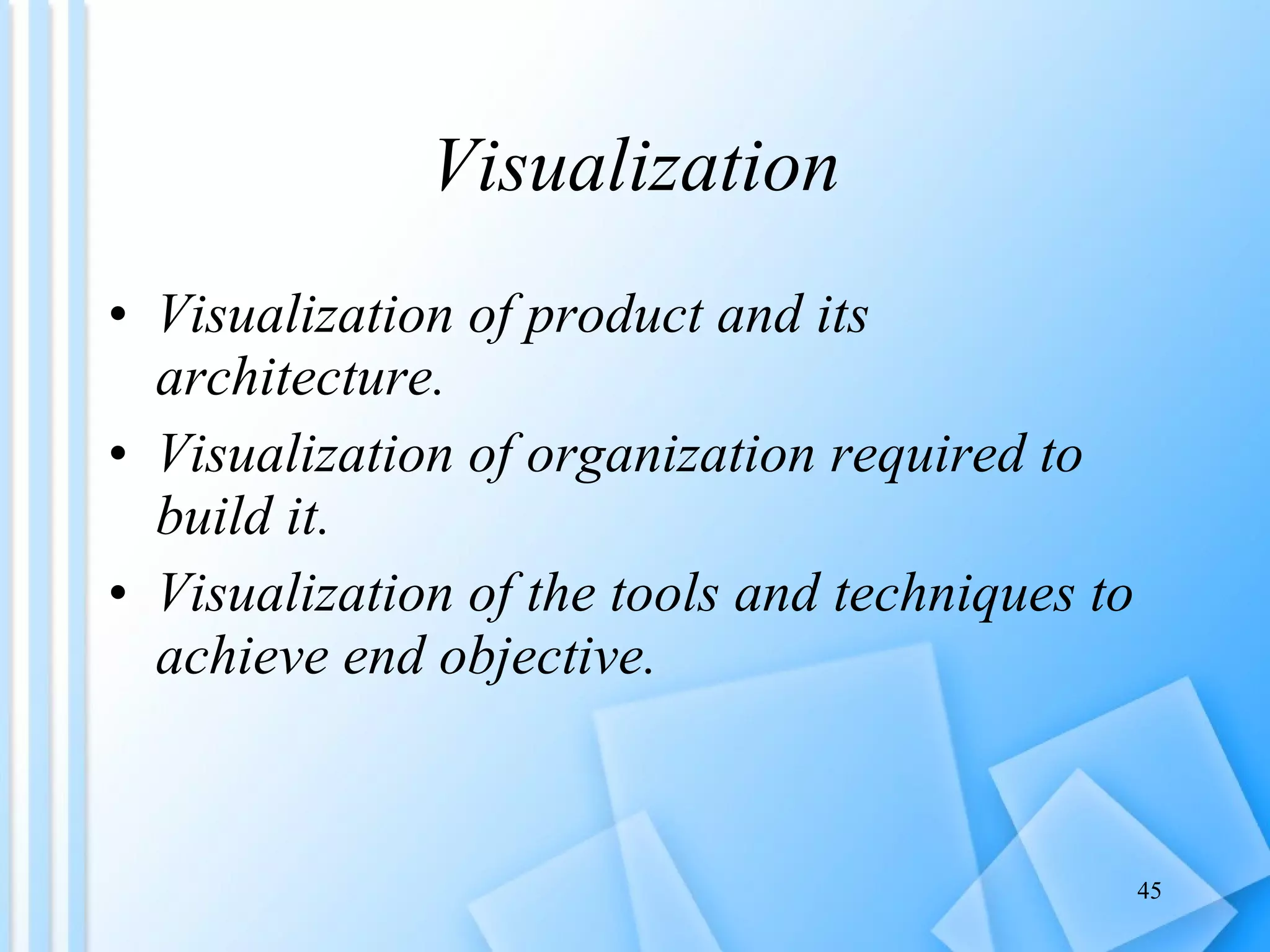 Visualization Visualization of product and its architecture. Visualization of organization required to build it. Visualization of the tools and techniques to achieve end objective. 