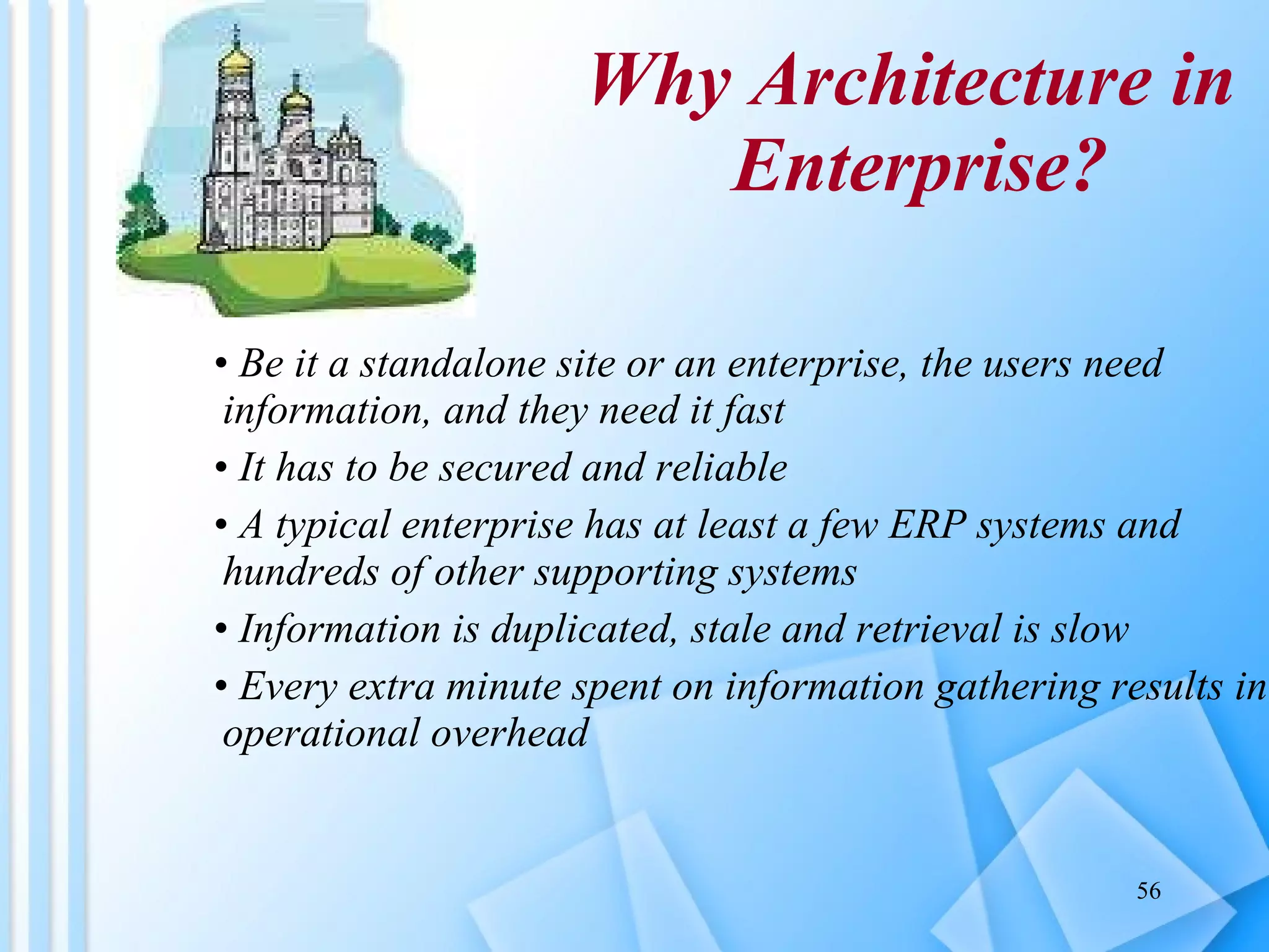 Why Architecture in  Enterprise? Be it a standalone site or an enterprise, the users need information, and they need it fast It has to be secured and reliable A typical enterprise has at least a few ERP systems and hundreds of other supporting systems Information is duplicated, stale and retrieval is slow Every extra minute spent on information gathering results in operational overhead 