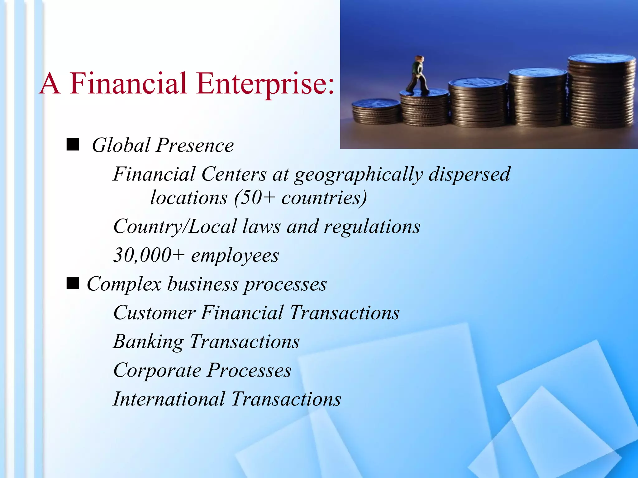 Global Presence Financial Centers at geographically dispersed locations (50+ countries) Country/Local laws and regulations 30,000+ employees Complex business processes Customer Financial Transactions Banking Transactions Corporate Processes International Transactions A Financial Enterprise: 