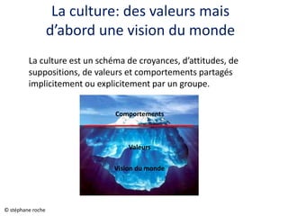 La culture: des valeurs mais
d’abord une vision du monde
La culture est un schéma de croyances, d’attitudes, de
suppositions, de valeurs et comportements partagés
implicitement ou explicitement par un groupe.
Comportements
Valeurs
Vision du monde
© stéphane roche
 