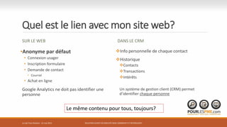 Quel est le lien avec mon site web?
SUR LE WEB
•Anonyme par défaut
• Connexion usager
• Inscription formulaire
• Demande de contact
• Courriel
• Achat en ligne
Google Analytics ne doit pas identifier une
personne
DANS LE CRM
Info personnelle de chaque contact
Historique
Contacts
Transactions
Intérêts
Un système de gestion client (CRM) permet
d’identifier chaque personne
RELATION CLIENT VIA SON SITE WEB: COMMENT S’Y RETROUVER?
Le même contenu pour tous, toujours?
Le Lab Trois-Rivières - 21 mai 2015
 