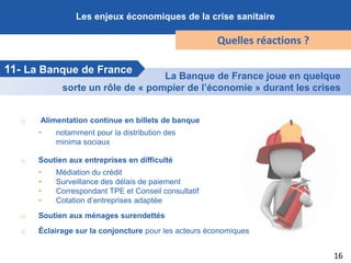 16
Les enjeux économiques de la crise sanitaire
Quelles réactions ?
11- La Banque de France
o Alimentation continue en bil...