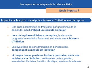 4
Les enjeux économiques de la crise sanitaire
Quels impacts ?
Impact sur les prix : recul puis « bosse » d’inflation avec...