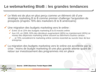 Le webmarketing BtoB : les grandes tendances Le Web est de plus en plus perçu comme un élément clé d’une stratégie marketing B to B comme premier challenge l’acquisition de prospects (d’après 76% des marketers B to B américains) Une migration des budgets marketing vers le online :  Entre 10 et 15% des budgets marketing B to B investis online Aux US, en 2009, 93% des décideurs augmentent (48%) ou maintiennent (45%) ce niveau des dépenses marketing online souvent au détriment d’autres canaux… …  et 70% considèrent le marketing online comme essentiel au succès futur de leur entreprise La migration des budgets marketing vers le online est accélérée par la crise : moins de budget marketing et une plus grande attente quant de retour sur investissement des programmes mis en place   Source : SVM E-Business Trends Report 2009 