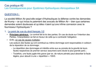 MARSH
Cas pratique #2
Les Conséquences pour Systèmes Hydrauliques Aérospatiaux SA
QUESTION 5 :
La société Million Air peut-elle exiger d’Hydrauliques la défense contre les demandes
de Krump – ce qui inclus le paiement des avocats de Million Air – bien que certaines
demandes soient douteuses et qu’elles n’aient qu’une infime connexion avec le
fournisseur Hydrauliques ?
1. Le point de vue du droit français 1/2
• Principes généraux : Le contrat fait la loi des parties. En cas de doute sur l’intention des
Parties, l’interprétation se fait en faveur de celle qui a contracté l’obligation.
• Enfin, en cas de causes multiples :
Les auteurs des fautes qui ont contribué au même dommage sont responsables in solidum
de la réparation de ce dommage :
- La répartition des dommages et intérêts entre eux au prorata de la gravité de leurs
fautes respectives (le premier serveur assumera sans doute la plus grande part) ;
- Toutefois, une faute jugée très grave (par ex. de nature pénale) peut absorber la faute
légère, pour aboutir à une « répartition » 100/0.
3022 March 2014
 