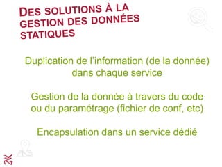 Duplication de l’information (de la donnée)
dans chaque service
Gestion de la donnée à travers du code
ou du paramétrage (fichier de conf, etc)
Encapsulation dans un service dédié
 