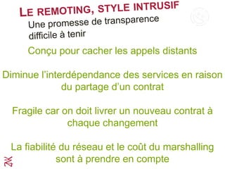 Conçu pour cacher les appels distants
Diminue l’interdépendance des services en raison
du partage d’un contrat
Fragile car on doit livrer un nouveau contrat à
chaque changement
La fiabilité du réseau et le coût du marshalling
sont à prendre en compte
 