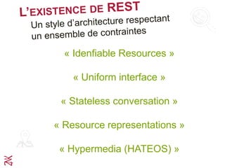 « Idenfiable Resources »
« Uniform interface »
« Stateless conversation »
« Resource representations »
« Hypermedia (HATEOS) »
 