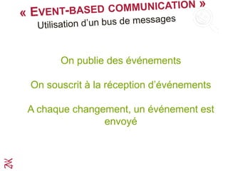 On publie des événements
On souscrit à la réception d’événements
A chaque changement, un événement est
envoyé
 
