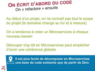 Au début d’un projet, on ne connaît pas tout le scope
du projet (le domaine change au fur et à mesure)
On a tendance à créer un Microservices à chaque
nouveau besoin
Découper trop tôt en Microservices peut empêcher
d’avoir une cohérence globale
Il est plus facile de décomposer en Microservices
une base de code existante que de partir de Zéro
 