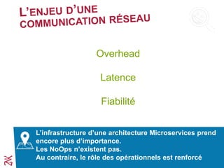 Overhead
Latence
Fiabilité
L’infrastructure d’une architecture Microservices prend
encore plus d’importance.
Les NoOps n’existent pas.
Au contraire, le rôle des opérationnels est renforcé
 