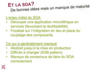 L’enjeu initial du SOA
• Découper une application monolithique en
services (favorisant la réutilisabilité)
• Focalisé sur l’intégration en lieu et place du
couplage des composants
Ce qui a généralement manqué
• Abstrait jusqu’à la mise en production
• Difficile à changer (ESB pattern)
• Manque de consensus de faire du SOA
correctement
 