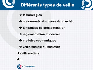 Différents types de veille

 è	
  technologies

 è	
  concurrents et acteurs du marché

 è	
  tendances de consommation

 è	
  réglementation et normes

 è	
  modèles économiques

 è	
  veille sociale ou sociétale

èveille métiers
è…
 