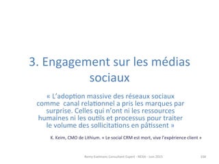3.	
  Engagement	
  sur	
  les	
  médias	
  
sociaux	
  
104	
  
«	
  L’adopJon	
  massive	
  des	
  réseaux	
  sociaux	
  
comme	
  	
  canal	
  relaJonnel	
  a	
  pris	
  les	
  marques	
  par	
  
surprise.	
  Celles	
  qui	
  n’ont	
  ni	
  les	
  ressources	
  
humaines	
  ni	
  les	
  ouJls	
  et	
  processus	
  pour	
  traiter	
  
le	
  volume	
  des	
  sollicitaJons	
  en	
  pâJssent	
  »	
  
	
  
Remy	
  Exelmans	
  Consultant	
  Expert	
  -­‐	
  NEXA	
  -­‐	
  Juin	
  2015	
  
K.	
  Keim,	
  CMO	
  de	
  Lithium.	
  «	
  Le	
  social	
  CRM	
  est	
  mort,	
  vive	
  l’expérience	
  client	
  »	
  
 
