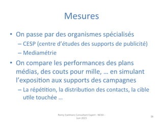 Mesures	
  
•  On	
  passe	
  par	
  des	
  organismes	
  spécialisés	
  
– CESP	
  (centre	
  d’études	
  des	
  supports	
  de	
  publicité)	
  
– Mediamétrie	
  
•  On	
  compare	
  les	
  performances	
  des	
  plans	
  
médias,	
  des	
  couts	
  pour	
  mille,	
  …	
  en	
  simulant	
  
l’exposiJon	
  aux	
  supports	
  des	
  campagnes	
  
– La	
  répéJJon,	
  la	
  distribuJon	
  des	
  contacts,	
  la	
  cible	
  
uJle	
  touchée	
  …	
  
Remy	
  Exelmans	
  Consultant	
  Expert	
  -­‐	
  NEXA	
  -­‐	
  
Juin	
  2015	
  
38	
  
 