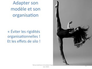 Remy	
  Exelmans	
  Consultant	
  Expert	
  -­‐	
  NEXA	
  -­‐	
  
Juin	
  2015	
  
74	
  
Adapter	
  son	
  
modèle	
  et	
  son	
  
organisaJon	
  	
  
«	
  Éviter	
  les	
  rigidités	
  
organisaJonnelles	
  !	
  	
  
Et	
  les	
  eﬀets	
  de	
  silo	
  !	
  
 
