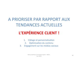 A	
  PRIORISER	
  PAR	
  RAPPORT	
  AUX	
  
TENDANCES	
  ACTUELLES	
  
L’EXPÉRIENCE	
  CLIENT	
  !	
  
	
  
1.  Ciblage	
  et	
  personnalisaJon	
  
2.  OpJmisaJon	
  du	
  contenu	
  
3.  Engagement	
  sur	
  les	
  médias	
  sociaux	
  
	
  
Remy	
  Exelmans	
  Consultant	
  Expert	
  -­‐	
  NEXA	
  -­‐	
  
Juin	
  2015	
  
90	
  
 