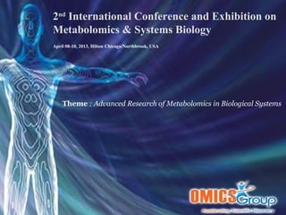 2nd International Conference and Exhibition on
Metabolomics & Systems Biology
April 08-10, 2013, Hilton Chicago/Northbrook, USA




    Theme : Advanced Research of Metabolomics in Biological Systems
 