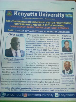 Conference on university sector positioning preparedness and role in the ongoing competency based curriculum cbc reforms source daily nation of 9th  august 2019