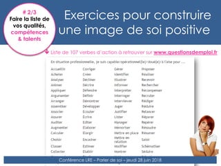  Liste de 107 verbes d’action à retrouver sur www.questionsdemploi.fr
Exercices pour construire
une image de soi positive...