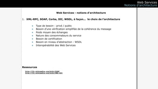 Web Services
                                                                              Notions d’architecture

                               Web Services - notions d’architecture

1. XML-RPC, SOAP, Corba, IEC, WSDL, à façon... le choix de l’architecture

        •   Type de besoin : privé / public
        •   Besoin d’une vérification simplifiée de la cohérence du message
        •   Poids moyen des échanges
        •   Nature des consommateurs du service
        •   Besoin de certification
        •   Besoin en niveau d’abstraction : WSDL
        •   Interopérabilité des Web Services




Ressources
  http://fr.wikipedia.org/wiki/SOAP
  http://fr.wikipedia.org/wiki/XML-RPC
 