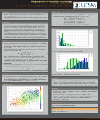 Morphometry of Galaxies: Asymmetry
Juliana P. Cougo1, Fabricio Ferrari2
1Universidade Federal de Santa Maria-UFSM, Brazil; 2Universidade Federal do Rio Grande-FURG, Brazil.
Objectives
1. To present a detailed study of rotational asymmetry in galaxies for both morphological and
physical diagnostic purposes.
2. To present an alternative measure for the asymmetry of galaxies, in comparison with the existing
measure A1.
Introduction
I The quantitative use of asymmetry as a morphological parameter was used
