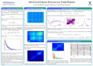 ON CLUSTERING FINANCIAL TIME SERIES
GAUTIER MARTI, PHILIPPE DONNAT AND FRANK NIELSEN
NOISY CORRELATION MATRICES
Let X be the matrix storing the standardized re-
turns of N = 560 assets (credit default swaps)
over a period of T = 2500 trading days.
Then, the empirical correlation matrix of the re-
turns is
C =
1
T
XX .
We can compute the empirical density of its
eigenvalues
ρ(λ) =
1
N
dn(λ)
dλ
,
where n(λ) counts the number of eigenvalues of
C less than λ.
From random matrix theory, the Marchenko-
Pastur distribution gives the limit distribution as
N → ∞, T → ∞ and T/N ﬁxed. It reads:
ρ(λ) =
T/N
2π
(λmax − λ)(λ − λmin)
λ
,
where λmax
min = 1 + N/T ± 2 N/T, and λ ∈
[λmin, λmax].
0.0 0.5 1.0 1.5 2.0 2.5 3.0 3.5 4.0
λ
0.0
0.2
0.4
0.6
0.8
1.0
1.2
1.4
1.6
1.8
ρ(λ)
Figure 1: Marchenko-Pastur density vs. empirical den-
sity of the correlation matrix eigenvalues
Notice that the Marchenko-Pastur density ﬁts
well the empirical density meaning that most of
the information contained in the empirical corre-
lation matrix amounts to noise: only 26 eigenval-
ues are greater than λmax.
The highest eigenvalue corresponds to the ‘mar-
ket’, the 25 others can be associated to ‘industrial
sectors’.
CLUSTERING TIME SERIES
Given a correlation matrix of the returns,
0 100 200 300 400 500
0
100
200
300
400
500
Figure 2: An empirical and noisy correlation matrix
one can re-order assets using a hierarchical clus-
tering algorithm to make the hierarchical correla-
tion pattern blatant,
0 100 200 300 400 500
0
100
200
300
400
500
Figure 3: The same noisy correlation matrix re-ordered
by a hierarchical clustering algorithm
and ﬁnally ﬁlter the noise according to the corre-
lation pattern:
0 100 200 300 400 500
0
100
200
300
400
500
Figure 4: The resulting ﬁltered correlation matrix
BEYOND CORRELATION
Sklar’s Theorem. For any random vector X = (X1, . . . , XN ) having continuous marginal cumulative
distribution functions Fi, its joint cumulative distribution F is uniquely expressed as
F(X1, . . . , XN ) = C(F1(X1), . . . , FN (XN )),
where C, the multivariate distribution of uniform marginals, is known as the copula of X.
Figure 5: ArcelorMittal and Société générale prices are projected on dependence ⊕ distribution space; notice their
heavy-tailed exponential distribution.
Let θ ∈ [0, 1]. Let (X, Y ) ∈ V2
. Let G = (GX, GY ), where GX and GY are respectively X and Y marginal
cdf. We deﬁne the following distance
d2
θ(X, Y ) = θd2
1(GX(X), GY (Y )) + (1 − θ)d2
0(GX, GY ),
where d2
1(GX(X), GY (Y )) = 3E[|GX(X) − GY (Y )|2
], and d2
0(GX, GY ) = 1
2 R
dGX
dλ − dGY
dλ
2
dλ.
CLUSTERING RESULTS & STABILITY
0 5 10 15 20 25 30
Standard Deviation in basis points
0
5
10
15
20
25
30
35
Numberofoccurrences
Standard Deviations Histogram
Figure 6: (Top) The returns correlation structure ap-
pears more clearly using rank correlation; (Bottom)
Clusters of returns distributions can be partly described
by the returns volatility
Figure 7: Stability test on Odd/Even trading days sub-
sampling: our approach (GNPR) yields more stable
clusters with respect to this perturbation than standard
approaches (using Pearson correlation or L2 distances).
 