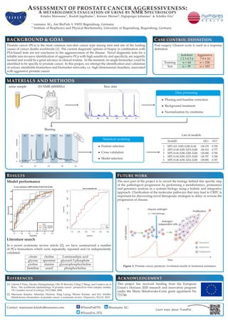 ASSESSMENT OF PROSTATE CANCER AGGRESSIVENESS:
A METABOLOMICS EVALUATION OF URINE BY NMR SPECTROSCOPY
Kdadra Marouane1
, Rudolf Jagdhuber1
, Kremer Werner2
, Eiglsperger Johannes1
& Schiffer Eric1
1
numares AG, Am BioPark 9, 93053 Regensburg, Germany
2
Institute of Biophysics and Physical Biochemistry, University of Regensburg, Regensburg, Germany
BACKGROUND & GOAL
Prostate cancer (PCa) is the most common non-skin cancer type among men and one of the leading
causes of cancer deaths worldwide [1]. The current diagnostic options of biopsy in combination with
PSA-based tests are not conclusive to the aggressiveness of the disease. Novel diagnostic tests for a
reliable non-invasive identiﬁcation of aggressive PCa with high sensitivity and speciﬁcity are urgently
needed and would be a great advance in clinical routine. At the moment, no single biomarker could be
identiﬁed to be speciﬁc to prostate cancer. In this project, we attempt the identiﬁcation and validation
of urinary metabolite biomarkers and biomarker networks, i.e. high-dimensional classiﬁers, associated
with aggressive prostate cancer.
CASE CONTROL DEFINITION
Post surgery Gleason score is used as a response
deﬁnition
Indolent Aggressive
1 2 3 4 5 6 7 8 9 10
Training n = 64 n = 238
Test n = 39 n = 183
MATERIALS AND METHODS
urine sample 1H-NMR (600MHz) Raw data
Data processing
• Phasing and baseline correction
• Background treatment
• Normalization by creatinine
Binning
Statistical modeling
• Feature selection
• Cross validation
• Model selection
List of models
RESULTS
Model performance
Test on Evaluation Set
Specificity
Sensitivity
1.0 0.8 0.6 0.4 0.2 0.0
0.00.20.40.60.81.0
AUC
0.660
Literature search
In a recent systematic review article [2], we have summarized a number
of PCa biomarkers which were repeatedly reported and/or independently
validated.
citrate choline 2-aminoadipic acid
glycine spermine glycerol-3-phosphate
proline alanine glycerophosphocholine
histidine uracil phosphocholine
REFERENCES
[1] Gabriel P Haas, Nicolas Delongchamps, Otis W Brawley, Ching Y Wang, and Gustavo de la
Roza. The worldwide epidemiology of prostate cancer: perspectives from autopsy studies.
The Canadian journal of urology, 15(1):3866, 2008.
[2] Marouane Kdadra, Sebastian Höckner, Hing Leung, Werner Kremer, and Eric Schiffer.
Metabolomics biomarkers of prostate cancer: a systematic review. Diagnostics, 9(1):21, 2019.
FUTURE WORK
The next part of the project is to unveil the biology behind this speciﬁc step
of the pathological progression by performing a metabolomics, proteomics
and genomics analysis in a systems biology using a holistic and integrative
approach. Clariﬁcation of the molecular pathways that may lead to CRPC is
important for discovering novel therapeutic strategies to delay or reverse the
progression of disease.
Figure 1: Prostate cancer plasticity/evolution results in treatment resistance
ACKNOWLEDGEMENT
This project has received funding from the European
Union’s Horizon 2020 research and innovation program
under the Marie Sklodowska-Curie grant agreement No
721746
Contact: marouane.kdadra@numares.com @TransPotITN @numares AG
@TransPot_ITN
Learn more about TransPot
 