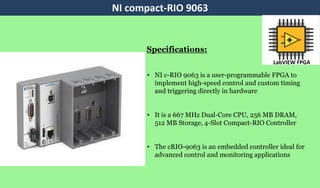 • NI c-RIO 9063 is a user-programmable FPGA to
implement high-speed control and custom timing
and triggering directly in hardware
• It is a 667 MHz Dual-Core CPU, 256 MB DRAM,
512 MB Storage, 4-Slot Compact-RIO Controller
• The cRIO-9063 is an embedded controller ideal for
advanced control and monitoring applications
NI compact-RIO 9063
Specifications:
LabVIEW FPGA
 